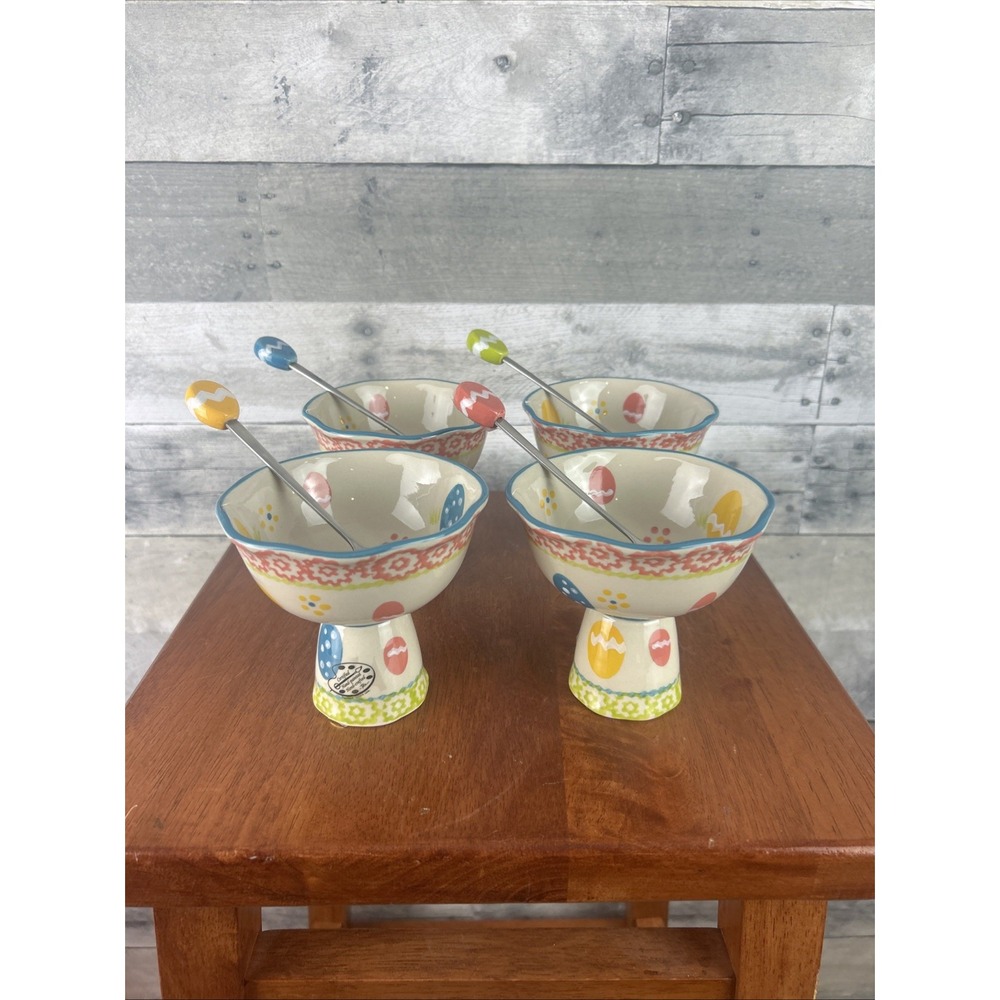 Set Of 4 TEMPTATIONS Egg Hunt Dessert Bowls & Spoons EASTER Parfait Cups